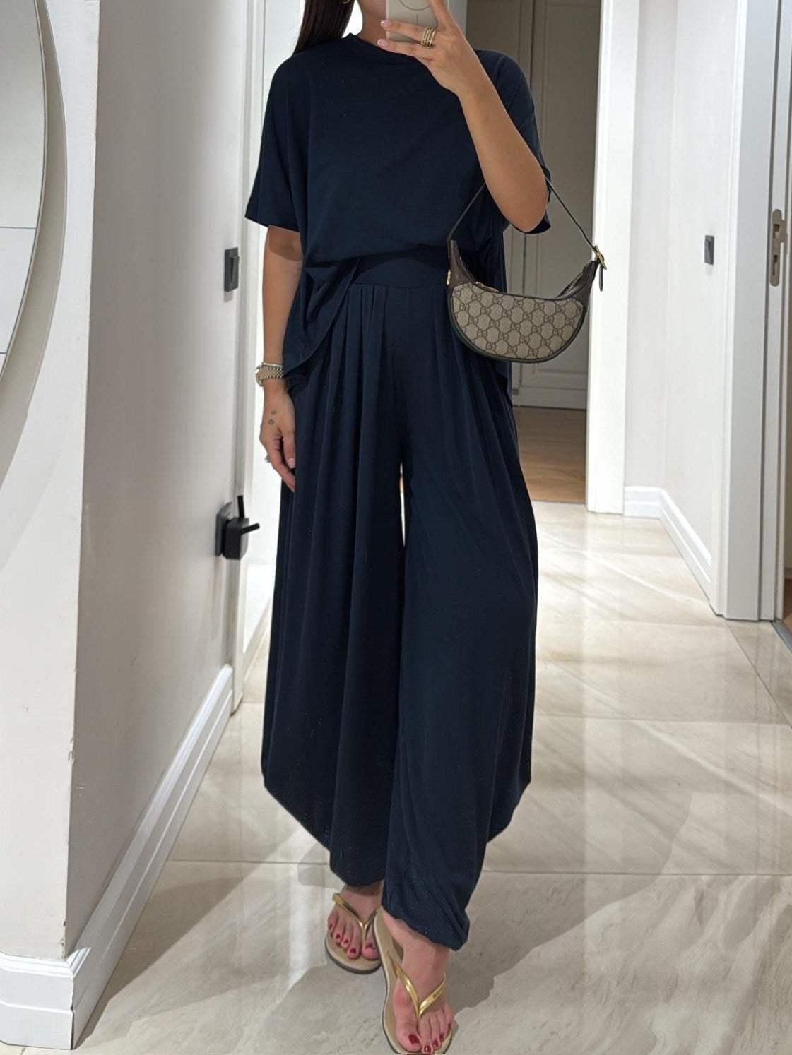 Light grey cotton-modal wide leg pants set women, relaxed casual top breathable soft drape comfort