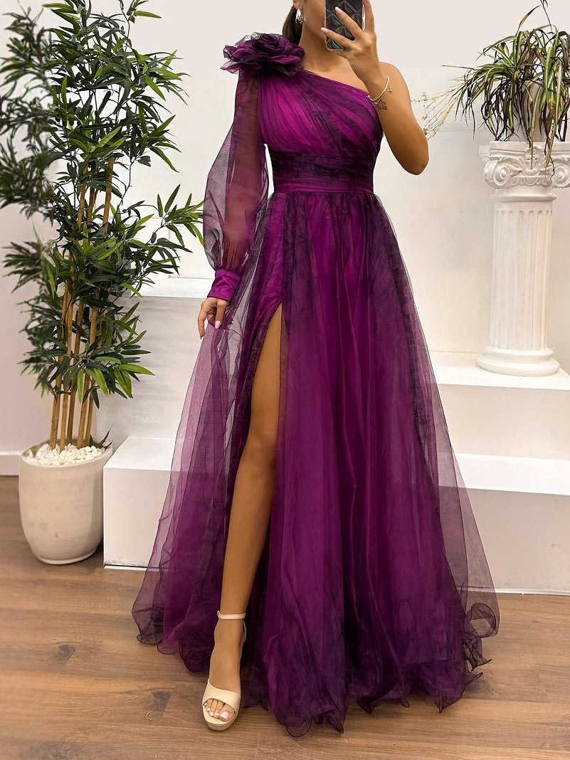 Women's one-shoulder mesh maxi dress with bold abstract gradient print, flowy silhouette