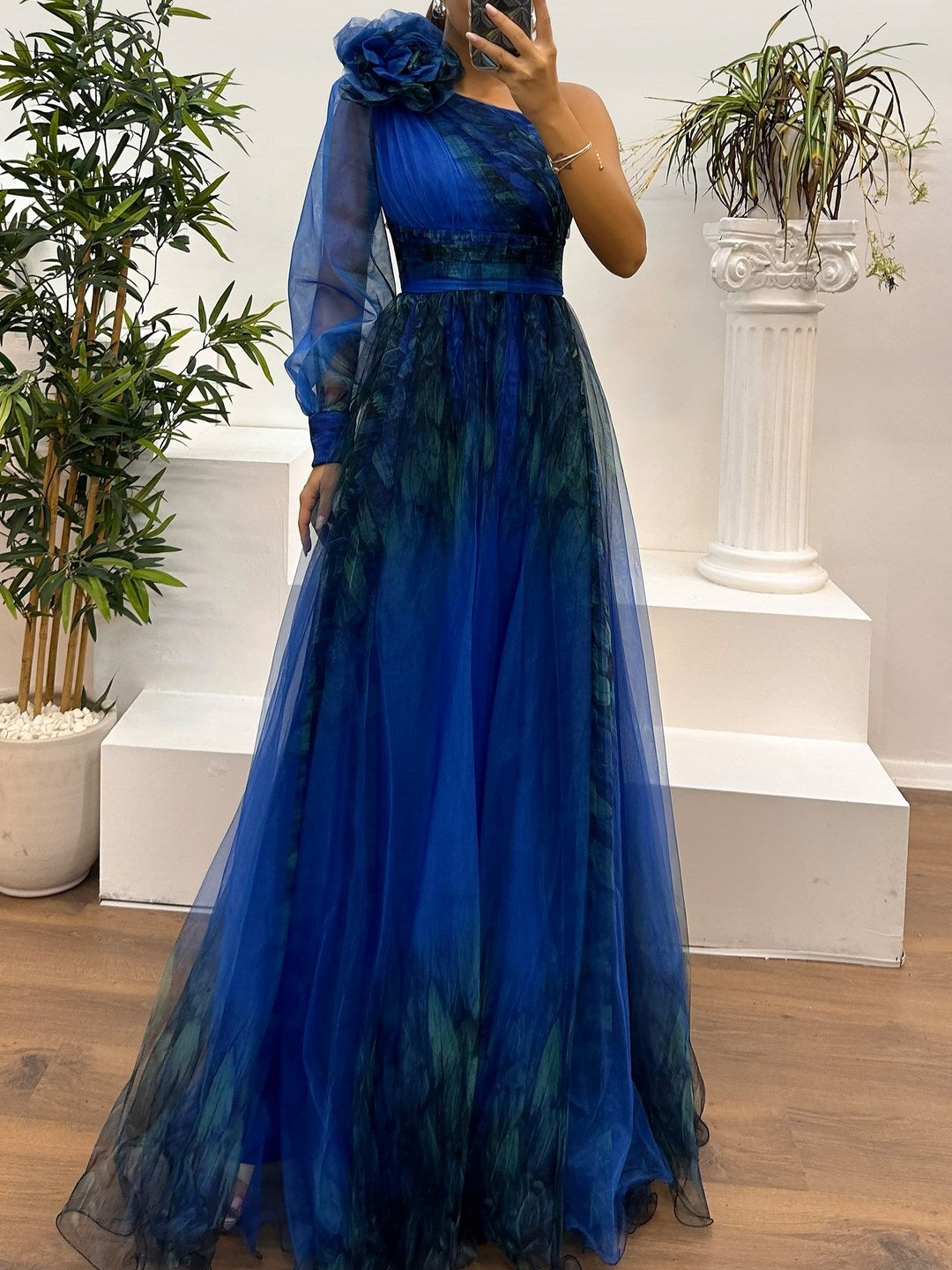 Women's one-shoulder mesh maxi dress bold abstract gradient print flowing relaxed silhouette