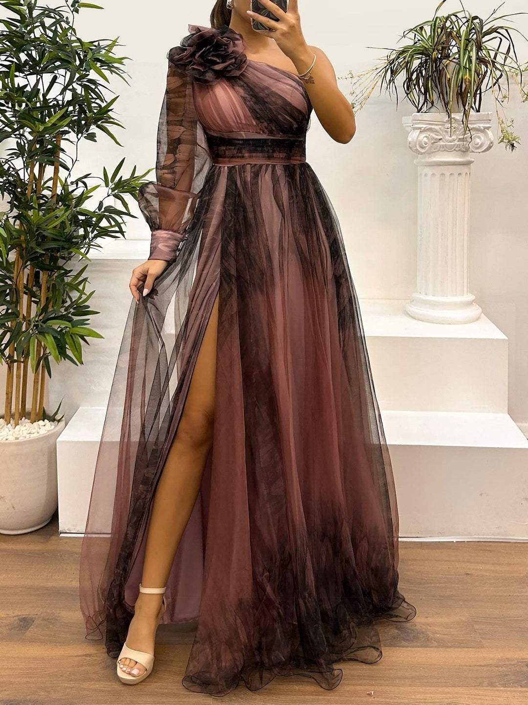 Women's one-shoulder mesh maxi dress with bold abstract gradient print in flowing silhouette