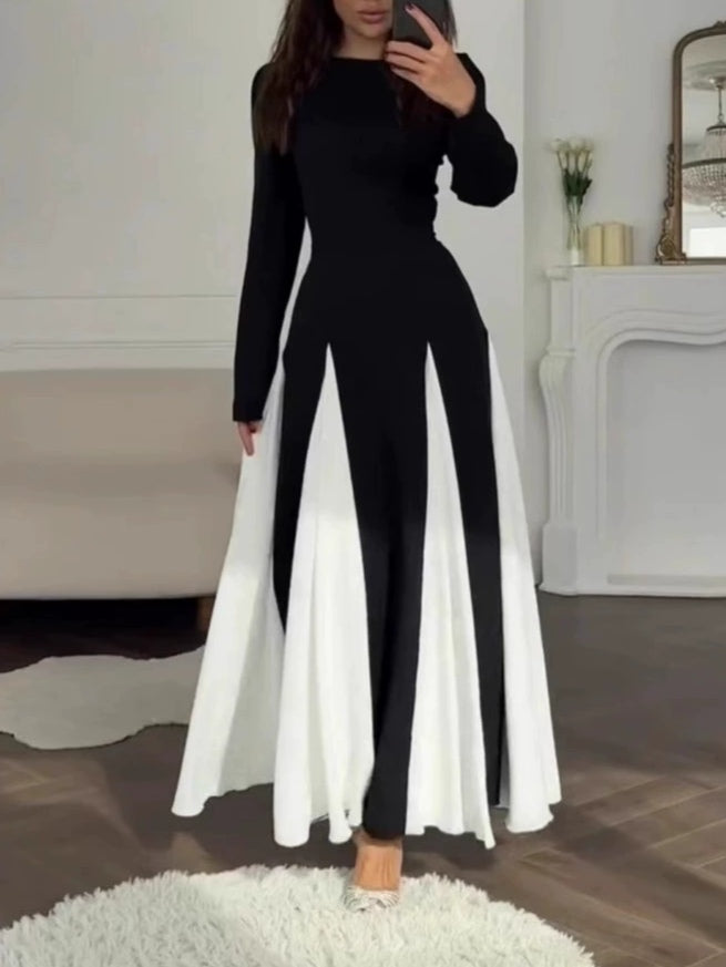Black white colorblock maxi dress women slim fit long sleeve round neck A-line flared skirt