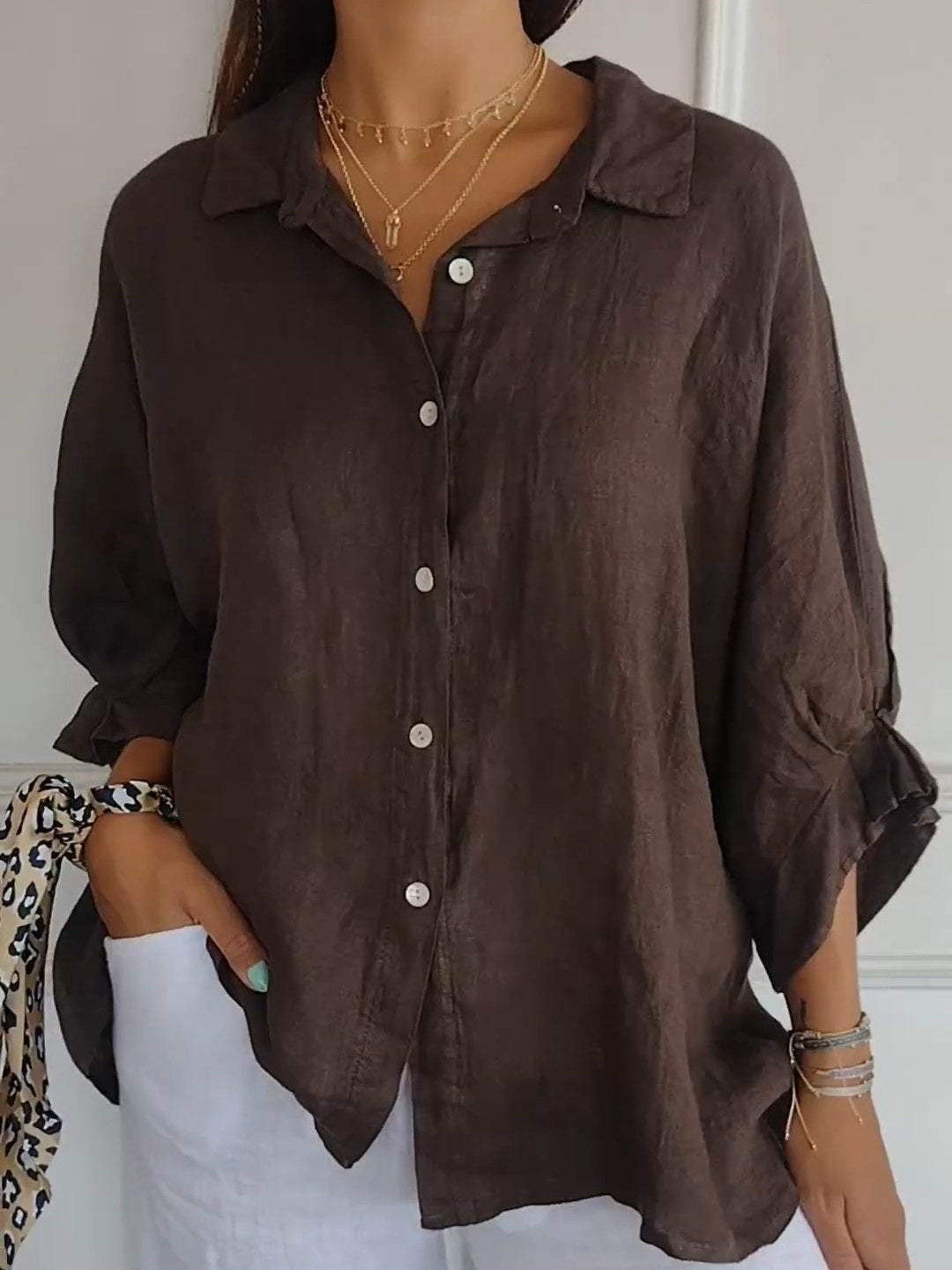Unisex cotton linen casual shirt solid color long sleeve lapel collar breathable relaxed fit