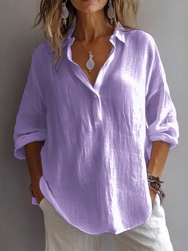 Women's loose linen V-neck shirt breathable soft fabric casual elegant long sleeve relaxed fit