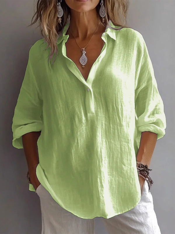 Women's loose ivory linen V-neck shirt, long sleeve casual elegant breathable everyday top