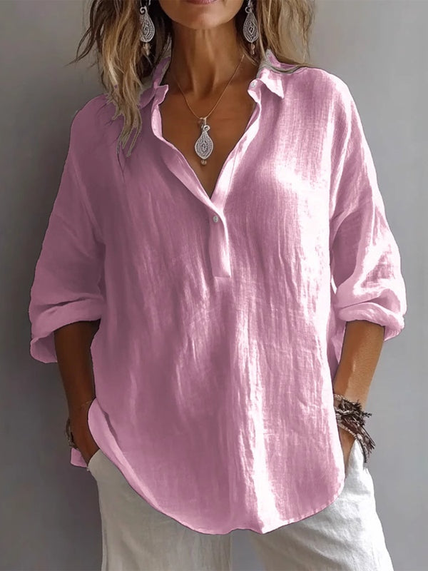 Women's loose linen V-neck shirt casual long sleeve breathable soft fabric everyday elegant top