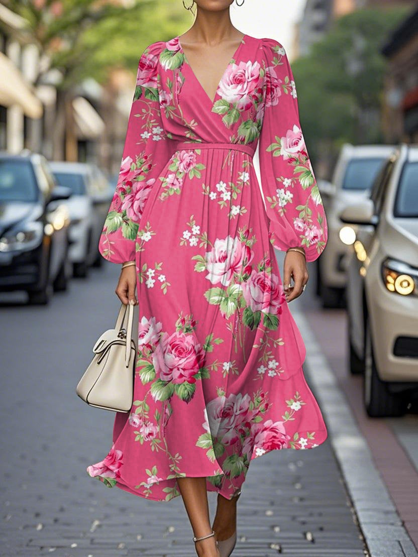 Women's floral chiffon midi dress V-neck pleated silhouette lightweight elegant office & date