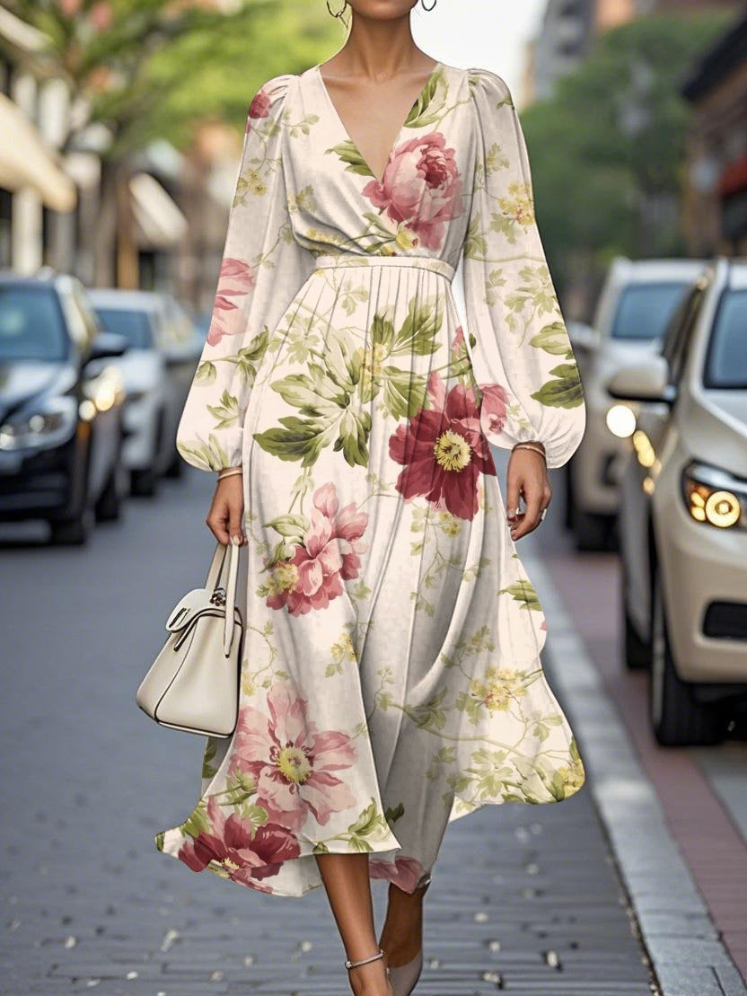 Floral chiffon midi dress women V-neck pleated silhouette lightweight elegant office date