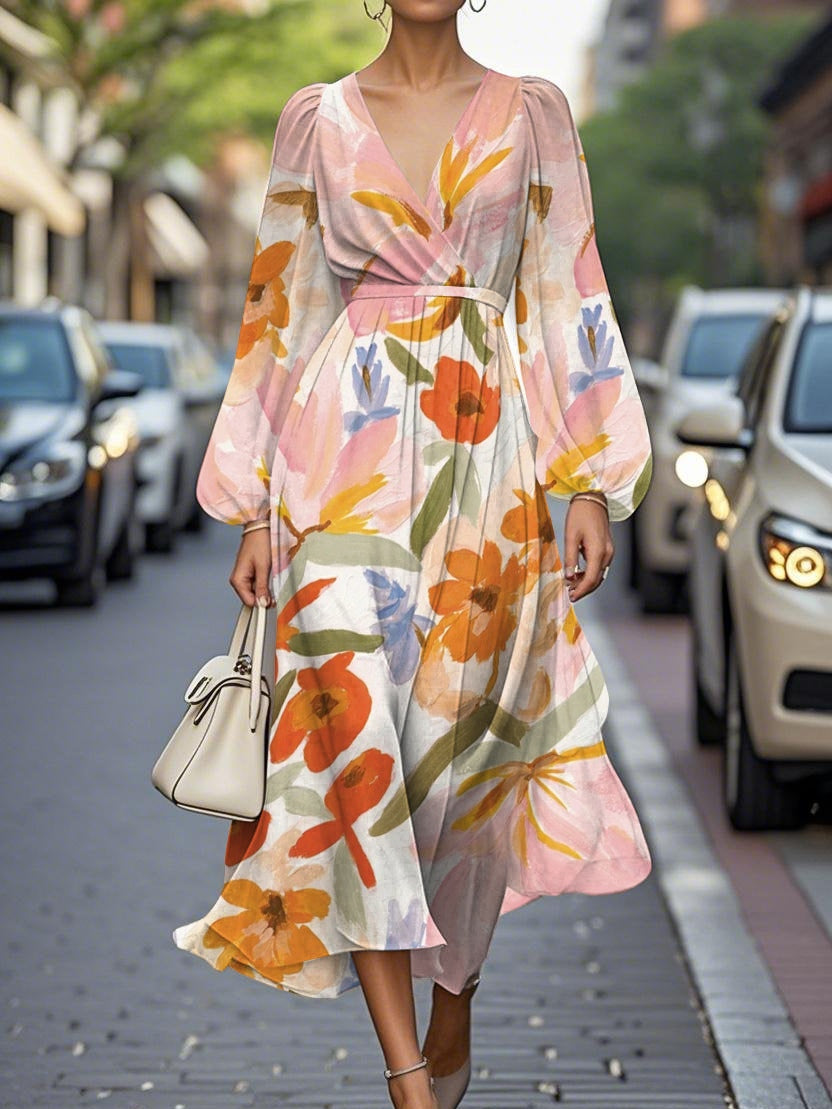 Floral Chiffon V Neck Pleated Midi Dress For Women Elegant Office And