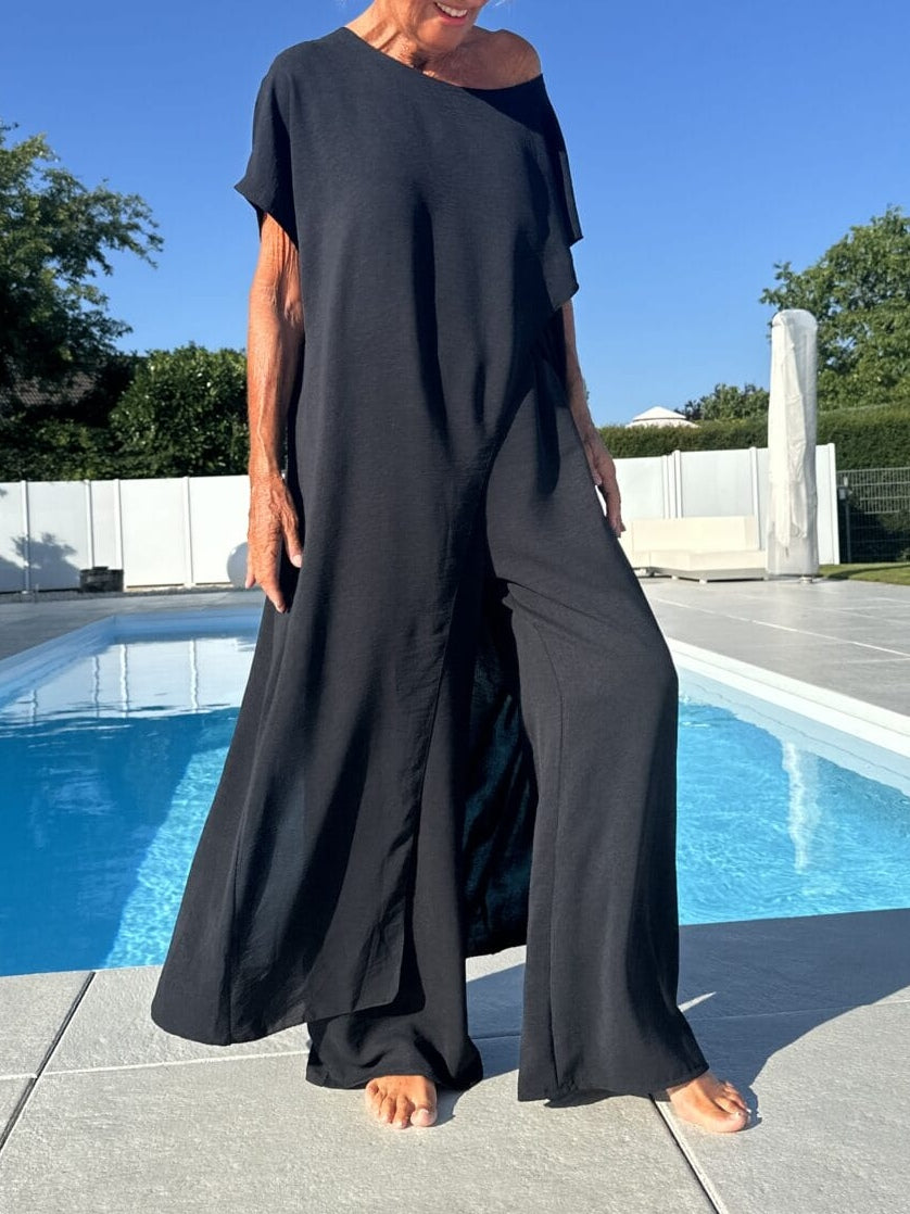 Women's beige wide-leg pants & off-shoulder tapered top set, soft breathable fabric two-piece