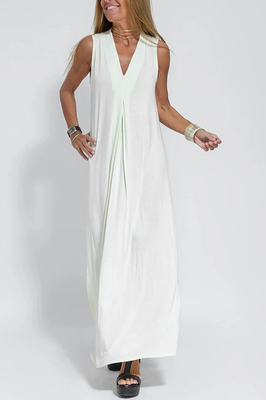 Women's solid color sleeveless maxi dress with V-neck ruched tank silhouette for elegant casual wear
