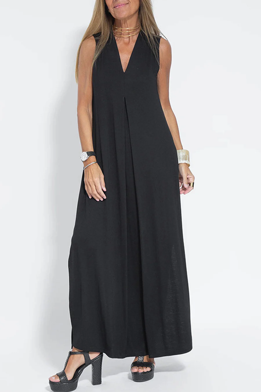 Women's solid sleeveless maxi dress V-neck ruched tank style elegant casual fit