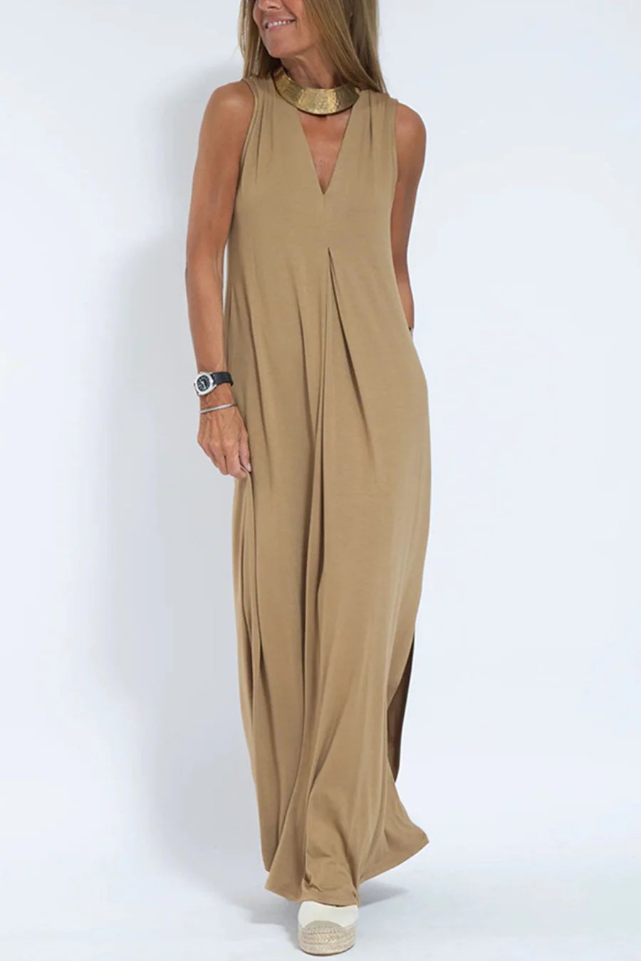 Women's solid sleeveless maxi dress V-neck ruched tank silhouette elegant casual wear