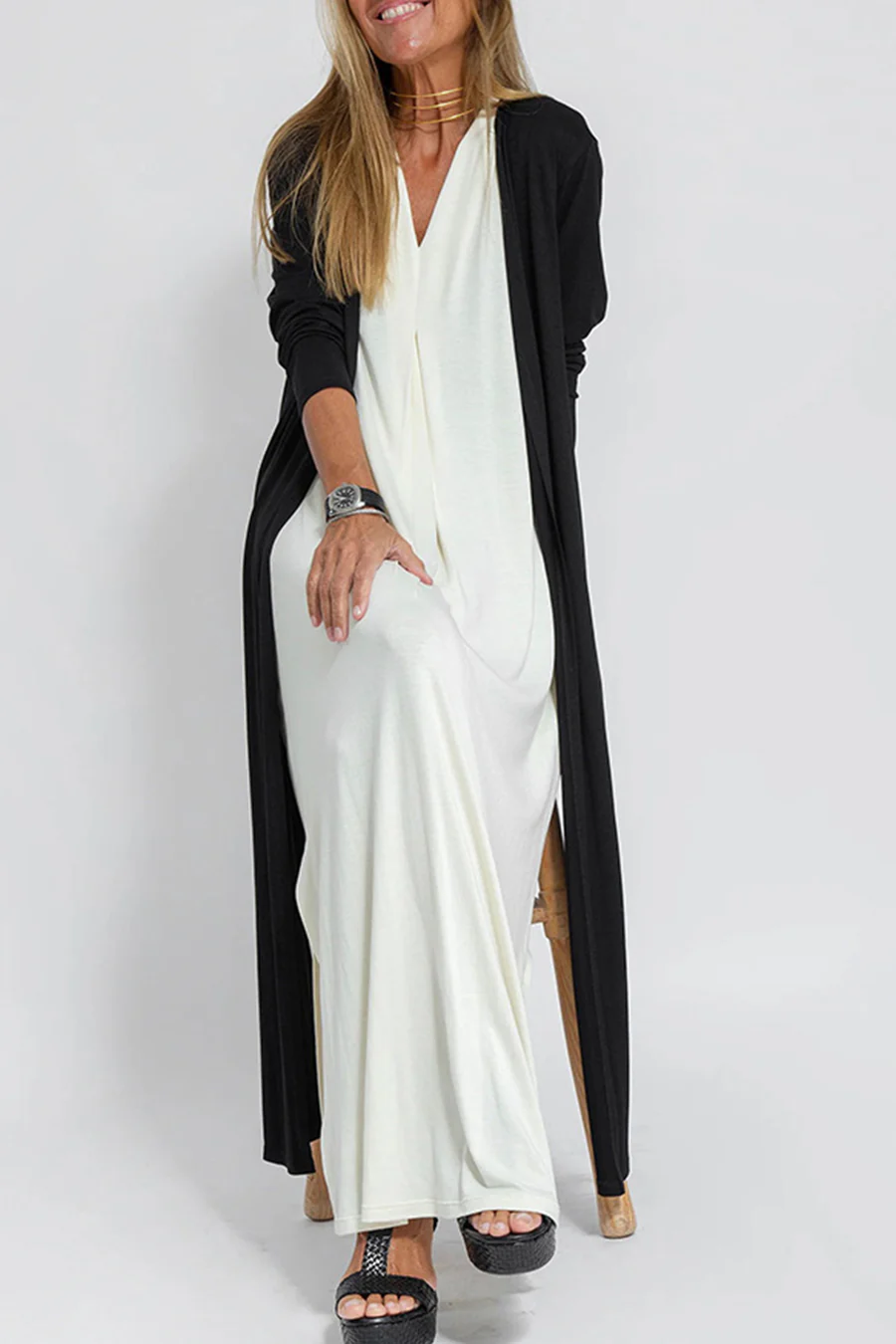 Women's solid color V-neck cardigan with ruched detail, long slit hem, and relaxed regular fit
