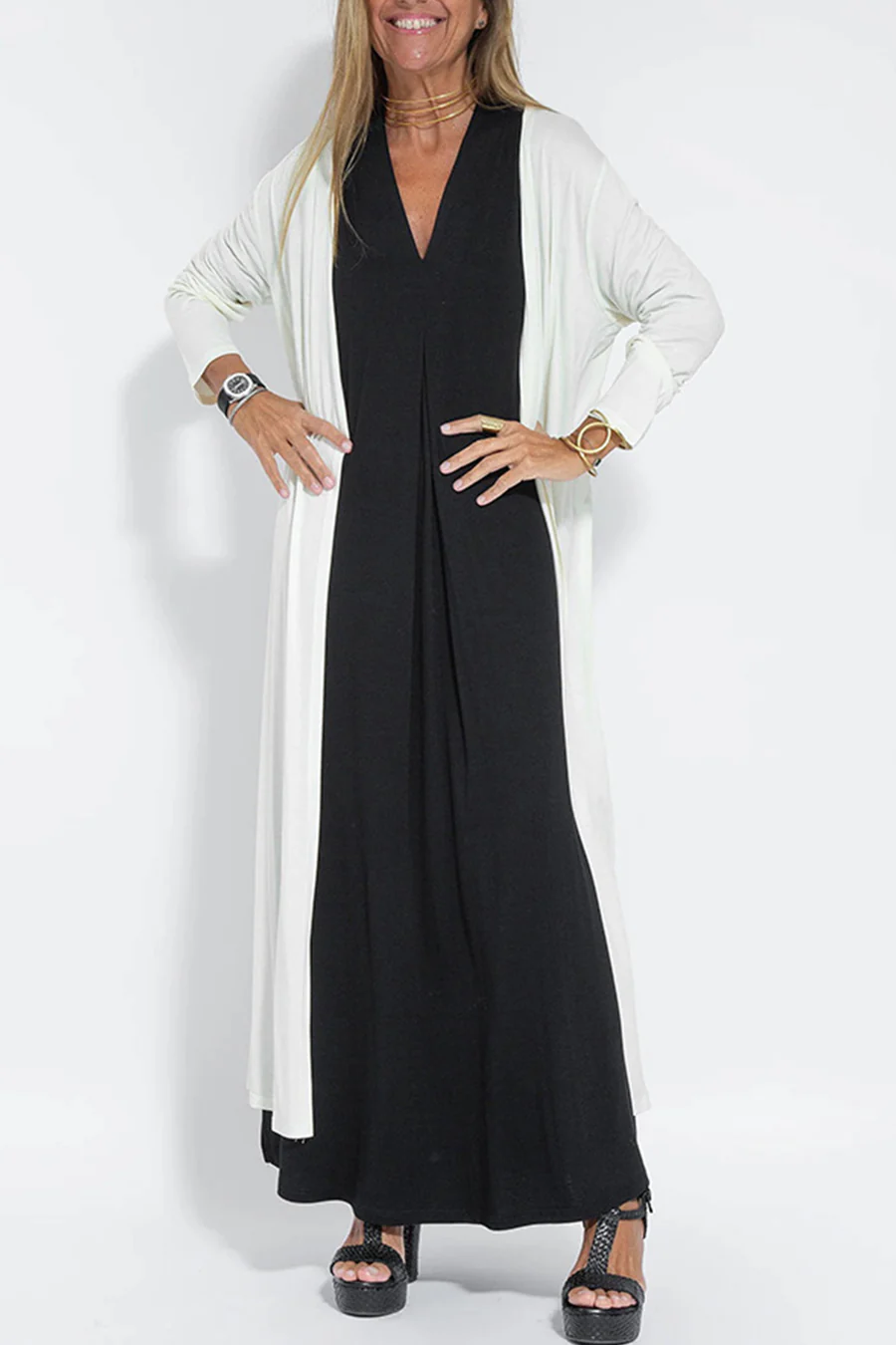 Women's solid color V-neck cardigan with ruched detail, long slit hem, regular fit, casual layering style