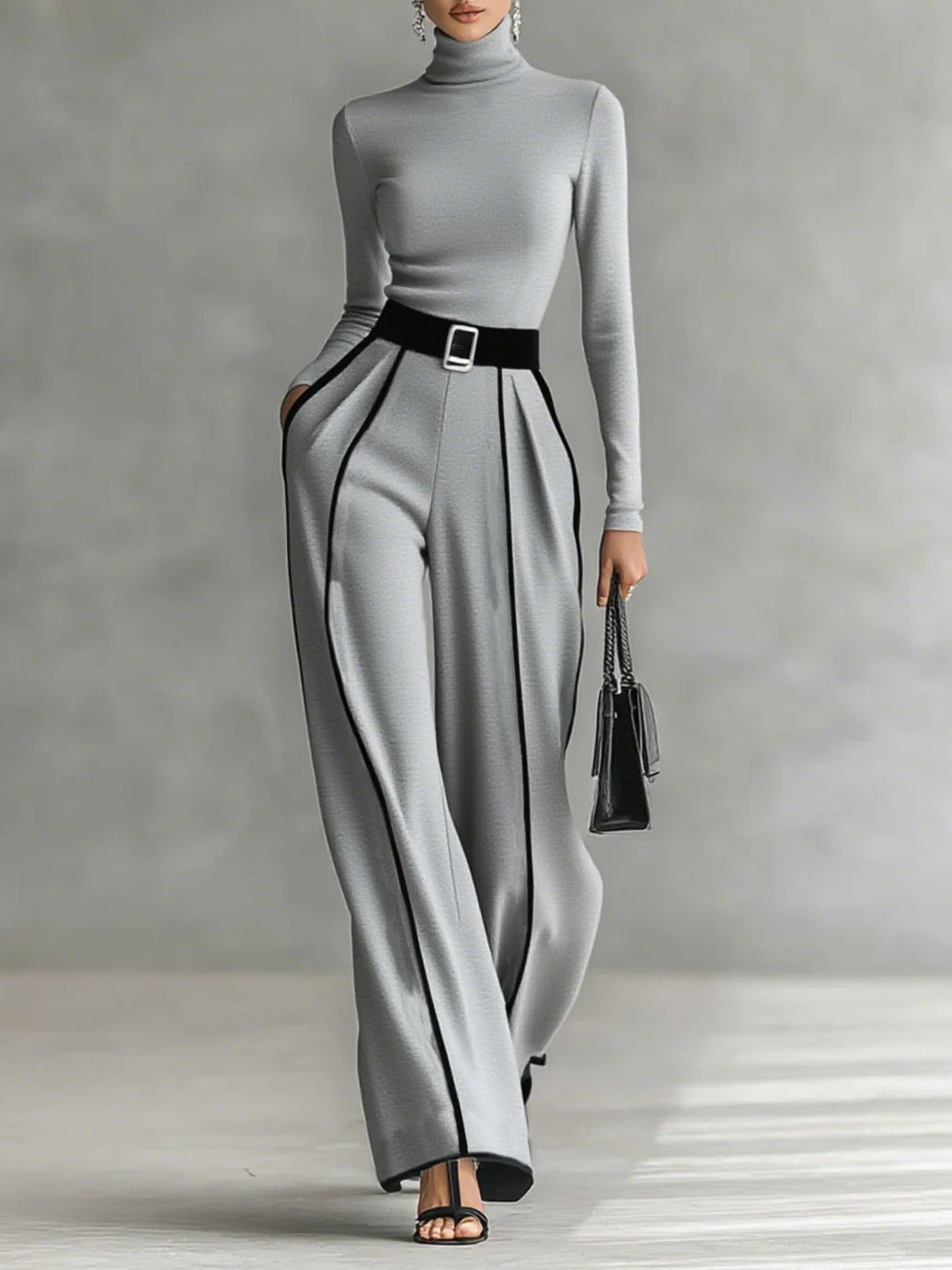 Elegant black turtleneck top and wide-leg pants set with white trim and matching belt