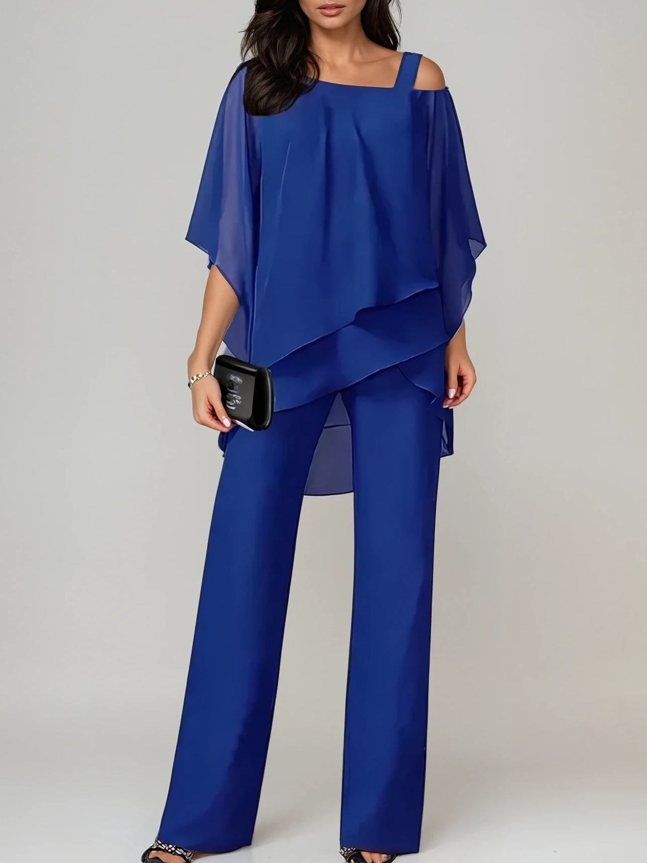 Women's off-shoulder chiffon two-piece set wide-leg pants asymmetrical layered elegant garden party suit