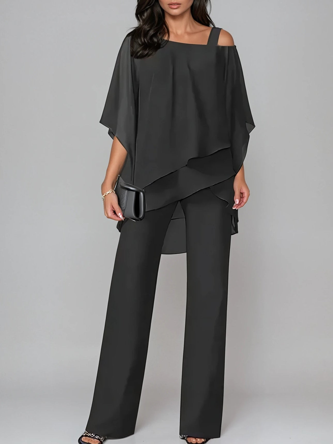 Women's off-shoulder chiffon two-piece set wide-leg pants asymmetrical layered top garden party elegant