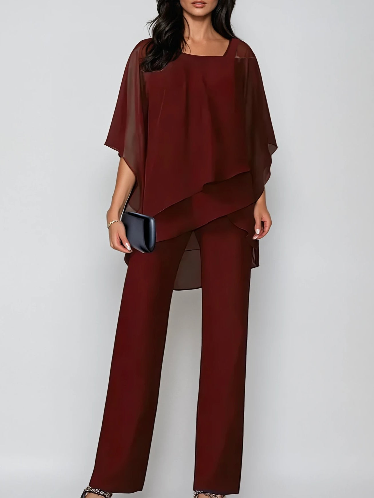 Women's off-shoulder chiffon two-piece set wide-leg pants asymmetrical layered top garden party elegant