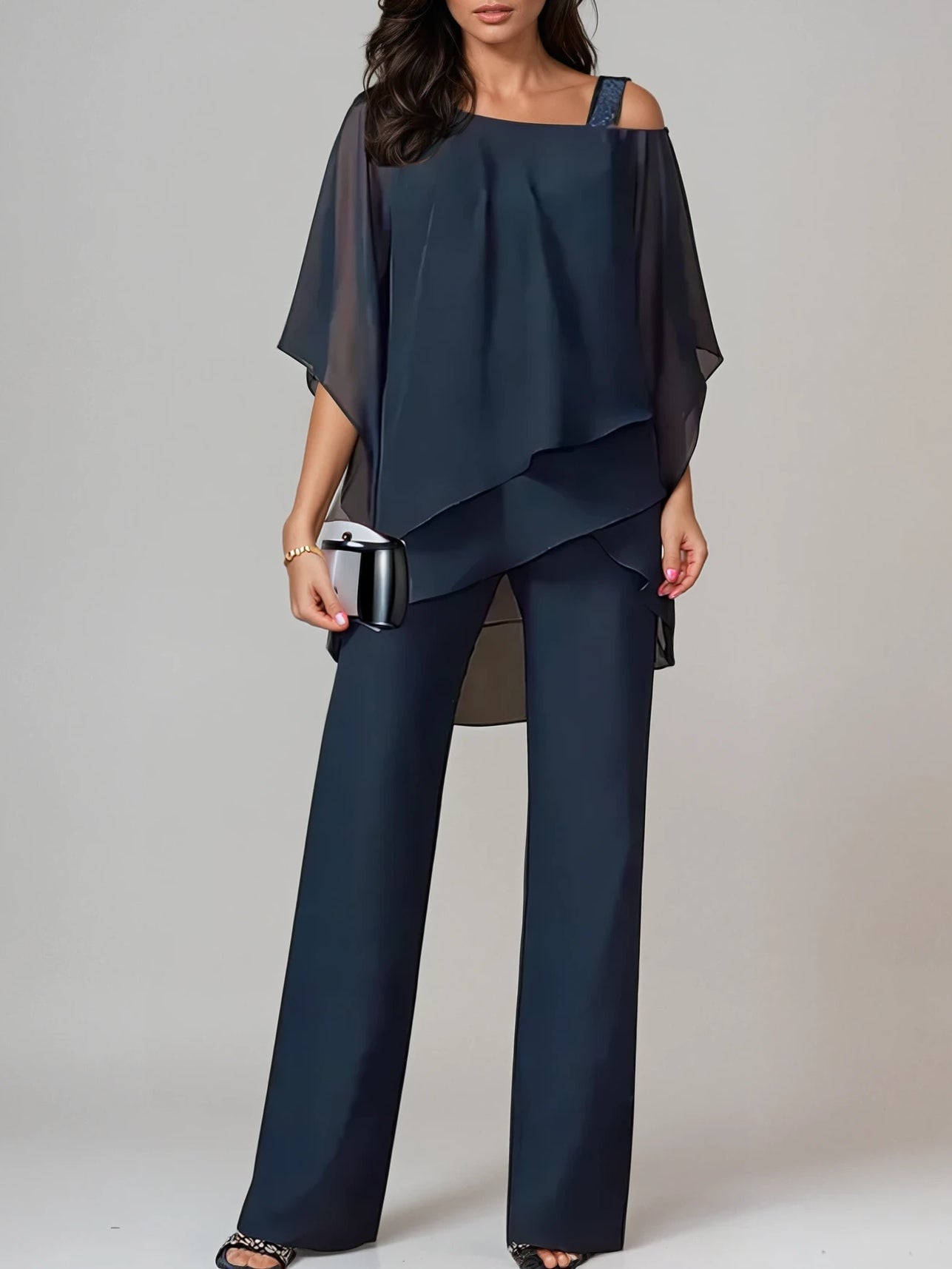Women's off-shoulder chiffon two-piece set wide-leg pants asymmetrical layered top garden party suit