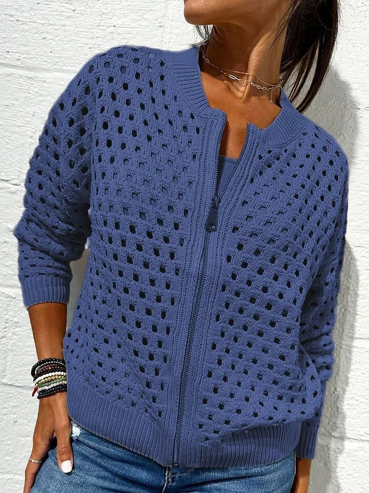 Women's beige openwork knit zip-up cardigan with hollow breathable texture and modern layering design