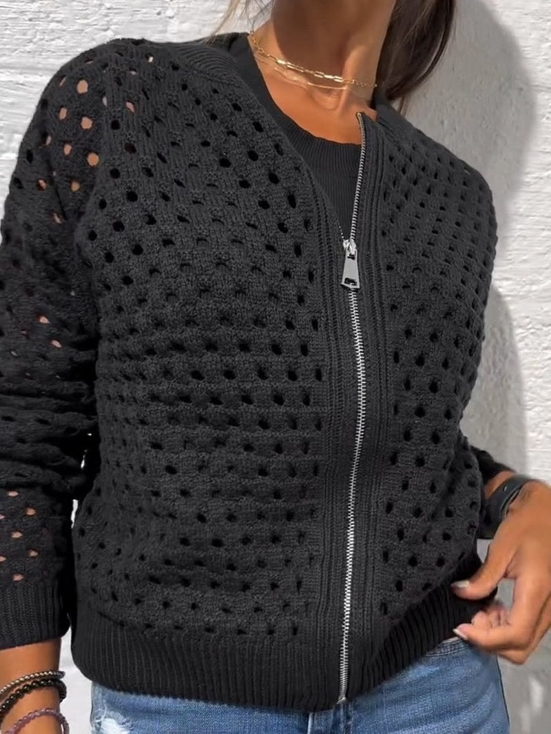 Women's beige openwork hollow-knit zip-up cardigan with breathable cutout texture and relaxed fit