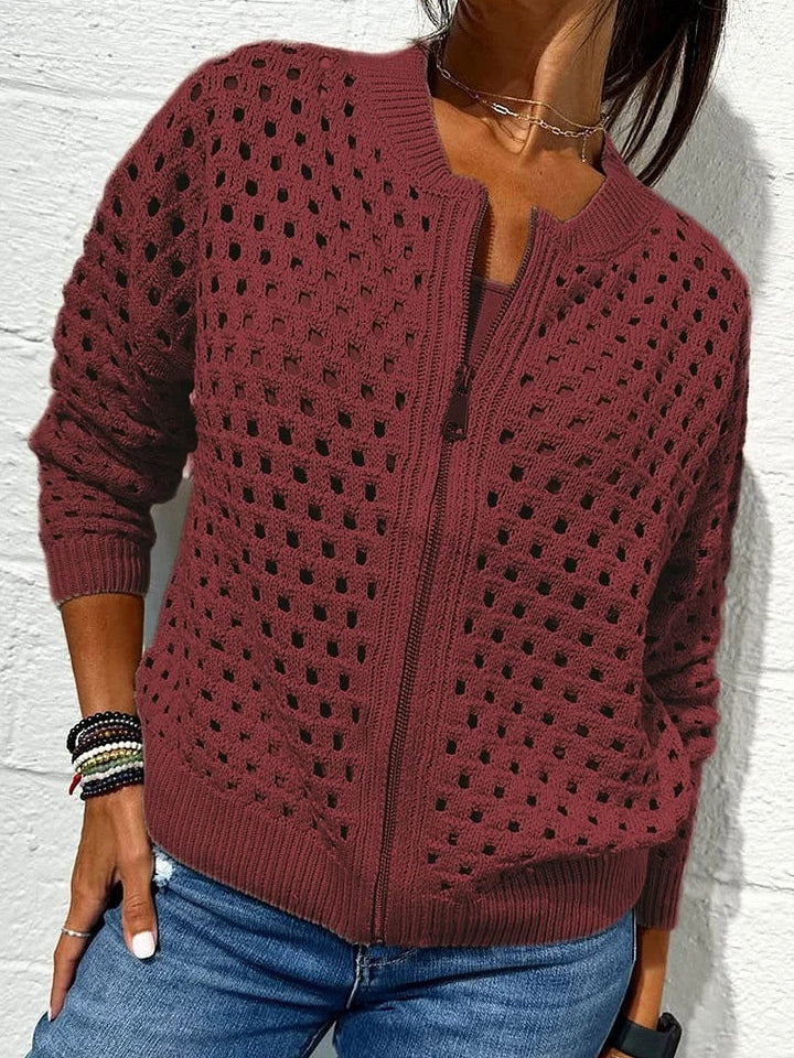 Women's beige openwork knit zip-up cardigan with breathable hollow-knit pattern and modern layering design