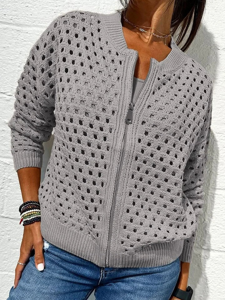 Women's beige openwork knit zip-up cardigan with hollow breathable pattern and modern layering design