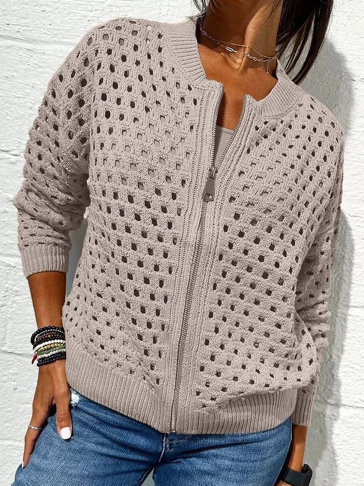 Women's beige openwork knit zip-up cardigan with hollow-knit breathable pattern and modern layering fit