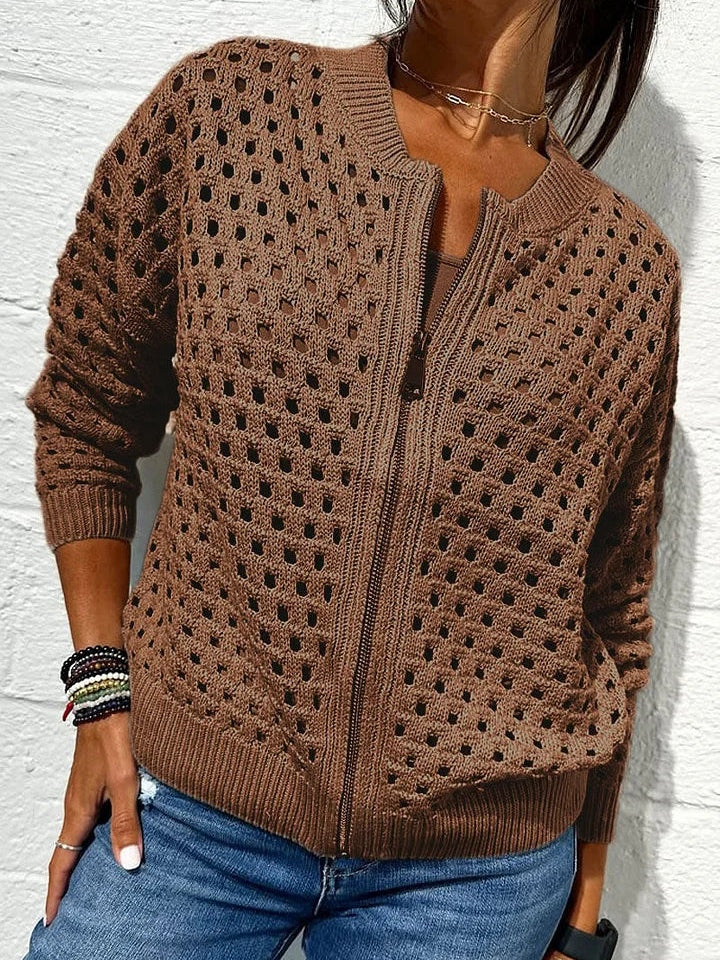 Women's beige openwork knit zip-up cardigan with hollow-knit breathable texture and modern layering design