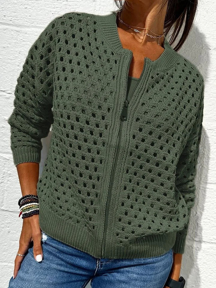 Women's beige openwork knit zip-up cardigan with hollow-knit breathable texture and modern layering design