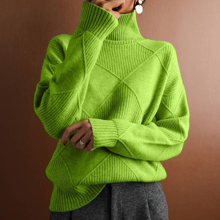 Women's loose ivory turtleneck sweater thick lozenge knit long sleeve cozy winter top