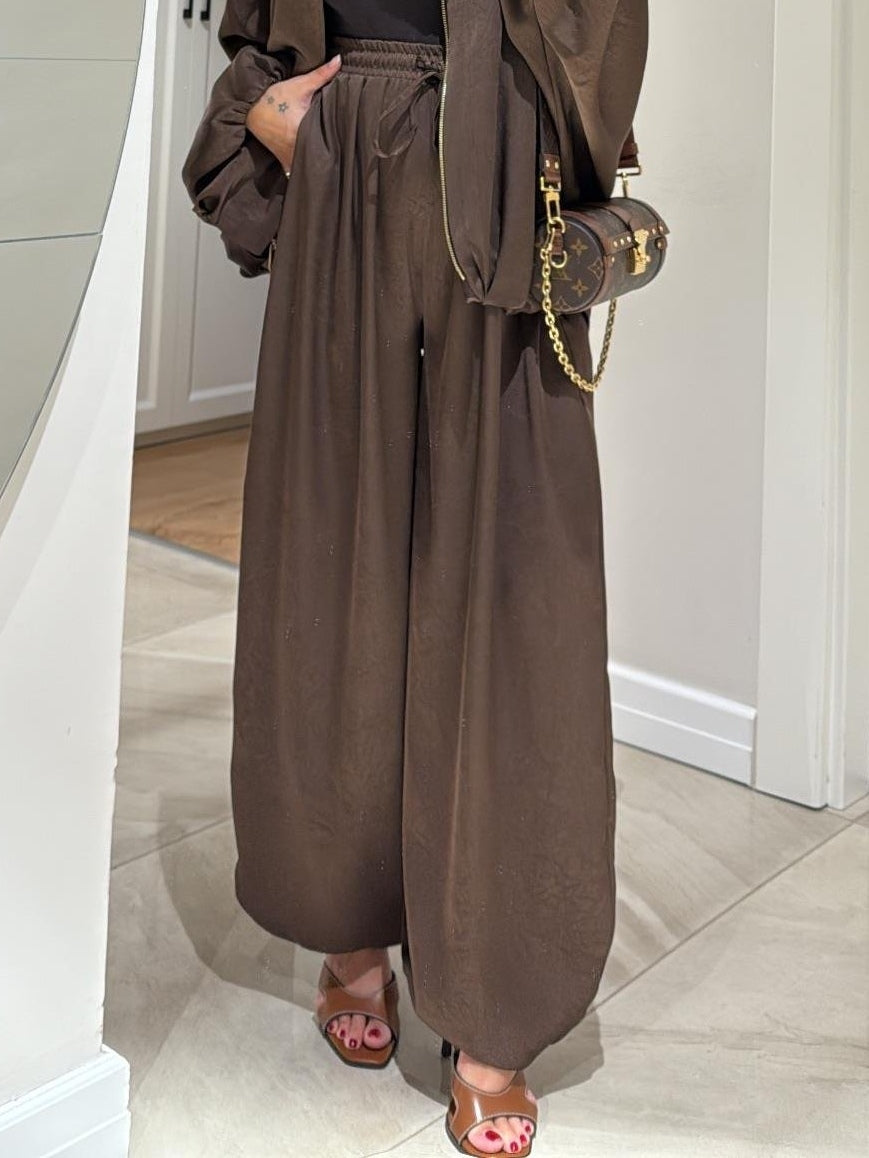 Brown wide-leg casual pants women drawstring waist polyester comfort everyday outfit