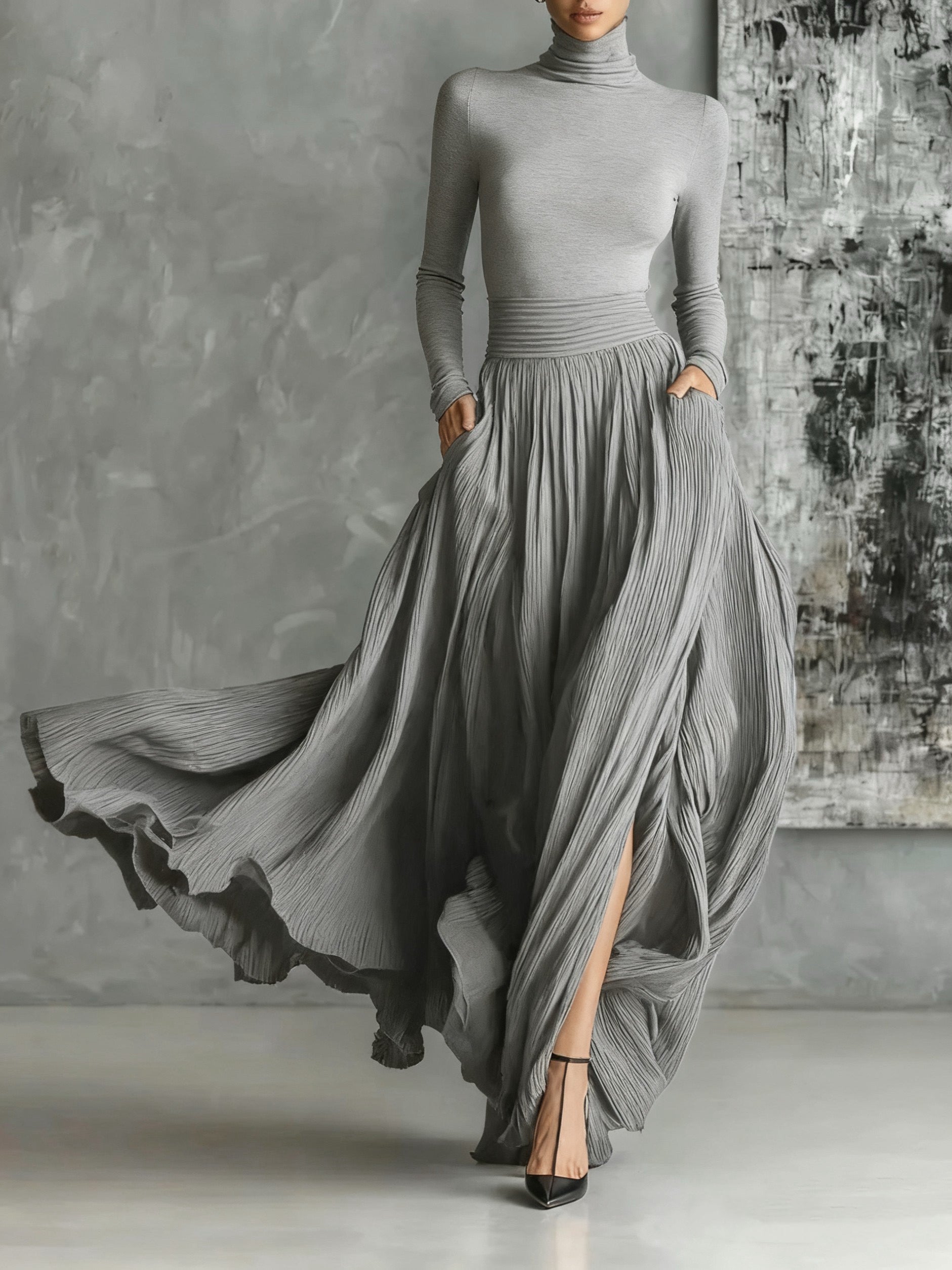 Elegant pleated maxi gown high neck long sleeves side slit full-length formal evening dress