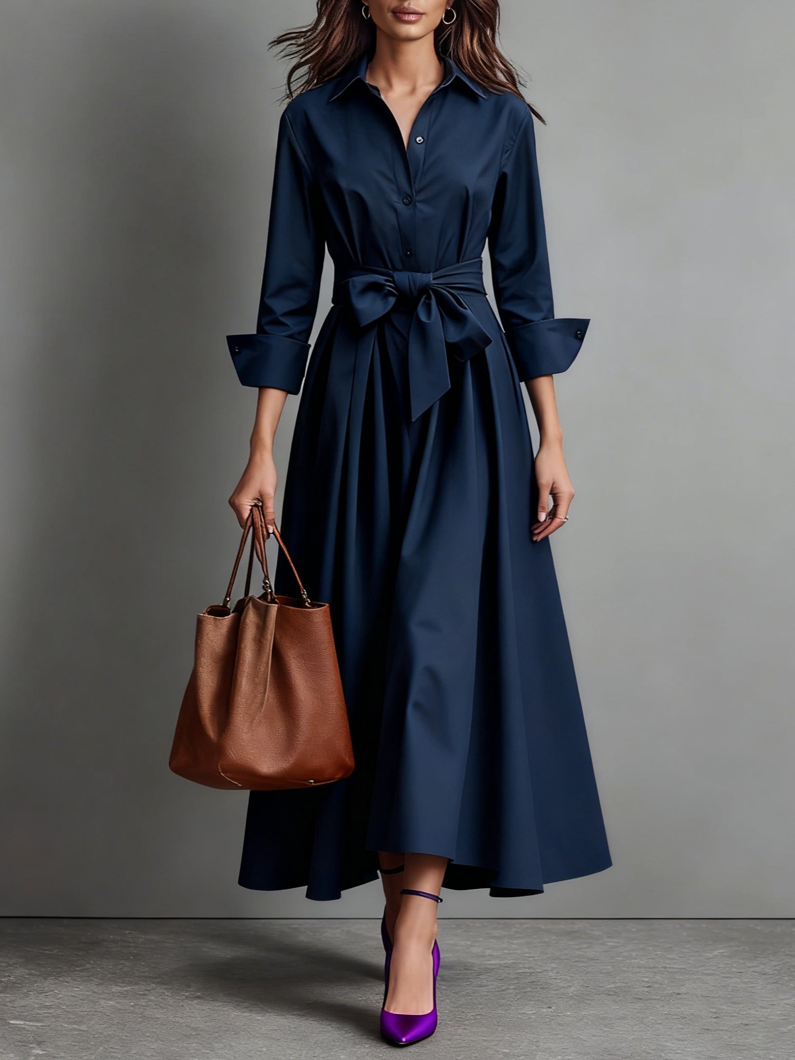 Ivory cotton twill shirt maxi dress with bow waist tie, minimalist tailoring, office-to-evening style