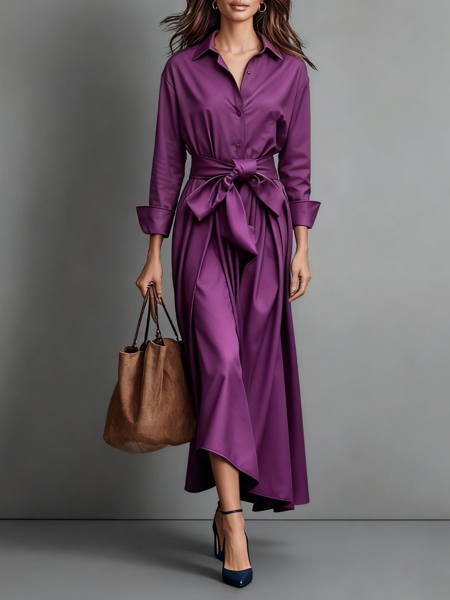 Light blue cotton twill shirt maxi dress with bow waist, minimalist tailored cut for office to evening