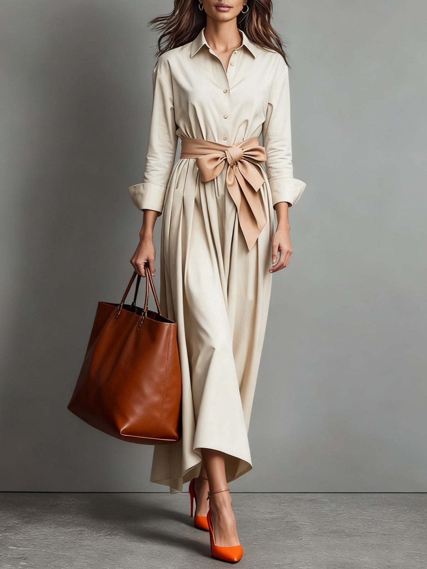White cotton twill shirt maxi dress with bow waist, tailored minimalist cut for office-to-evening wear