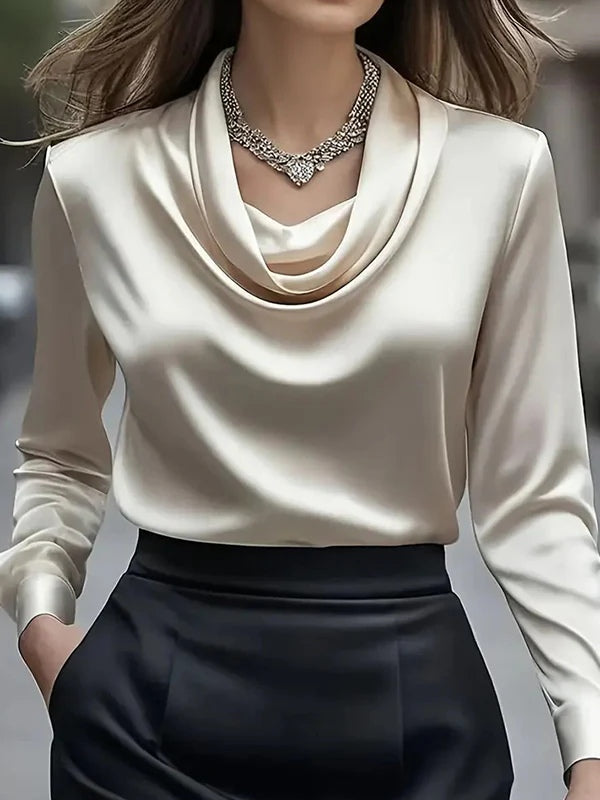 Women's satin collar polyester shirt loose fit hip-length solid color elegant office blouse