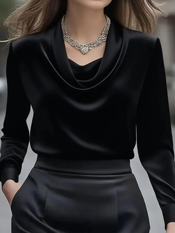 Women's satin collar polyester shirt loose fit hip-length long sleeve solid color office blouse