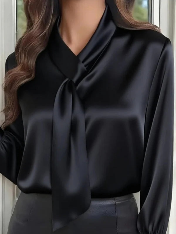 Solid color loose fit long sleeve V-neck bow tie office shirt hip-length casual everyday style