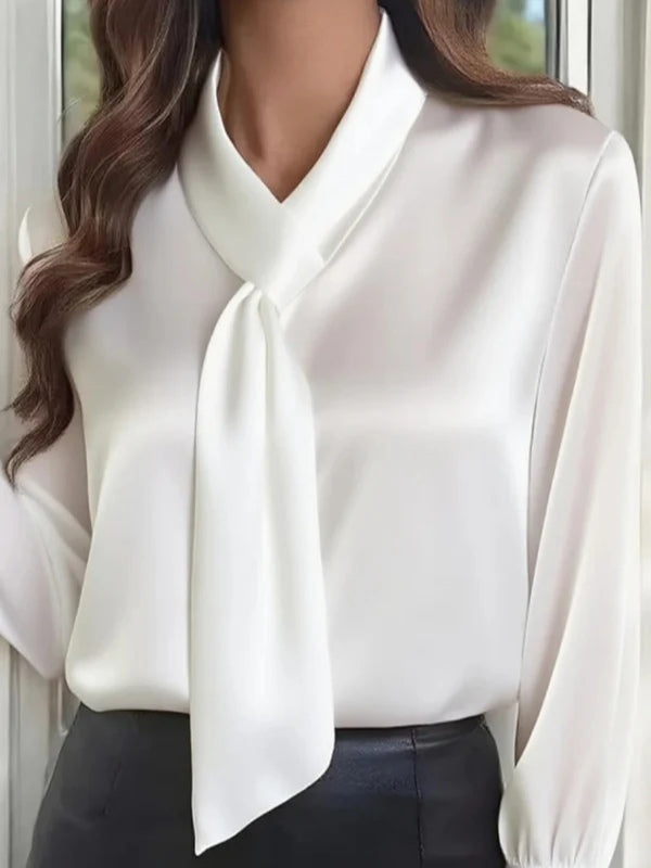 Loose fit long sleeve bow tie office shirt solid color V-neck hip-length professional casual style