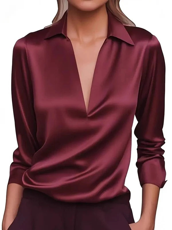 Women's satin V-neck long sleeve shirt loose fit solid color hip-length office casual top