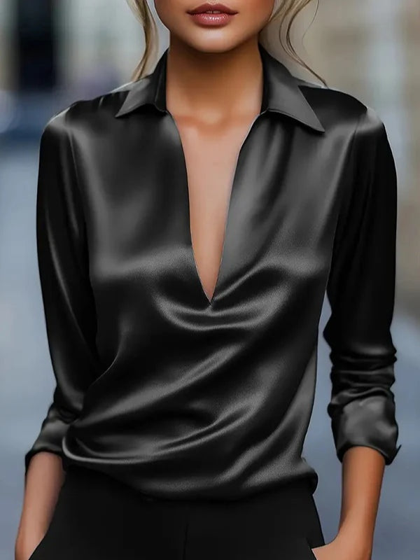 Women's satin V-neck long sleeve shirt loose fit solid color with subtle sheen office casual top