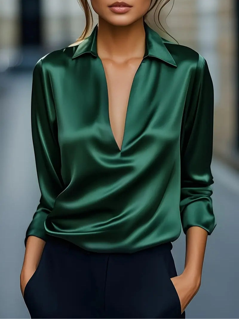 Women's satin V-neck long sleeve shirt solid color loose fit office casual top with subtle sheen