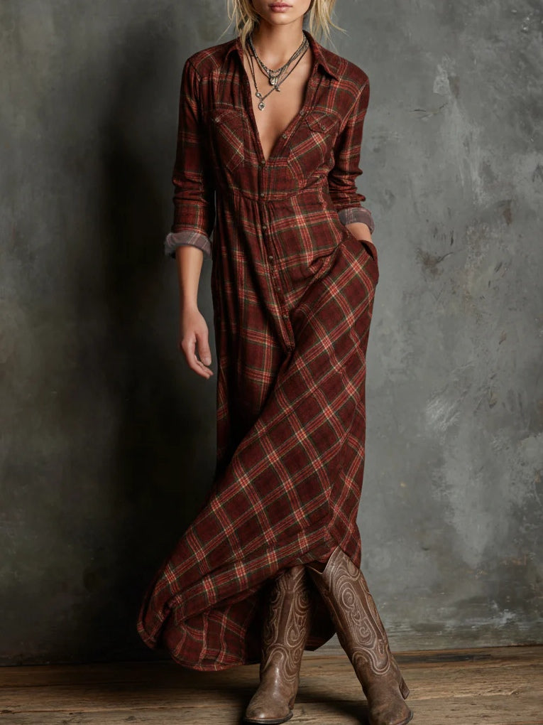 Women green plaid lapel maxi dress single-breasted shirt style versatile casual elegant
