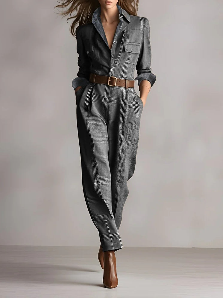 Brown tweed plaid jumpsuit with utility details, structured one-piece for polished workwear style