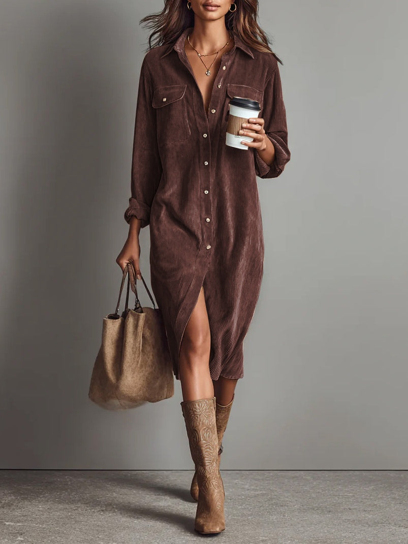 Casual corduroy midi dress loose fit with double chest pockets, warm earth-tone relaxed silhouette