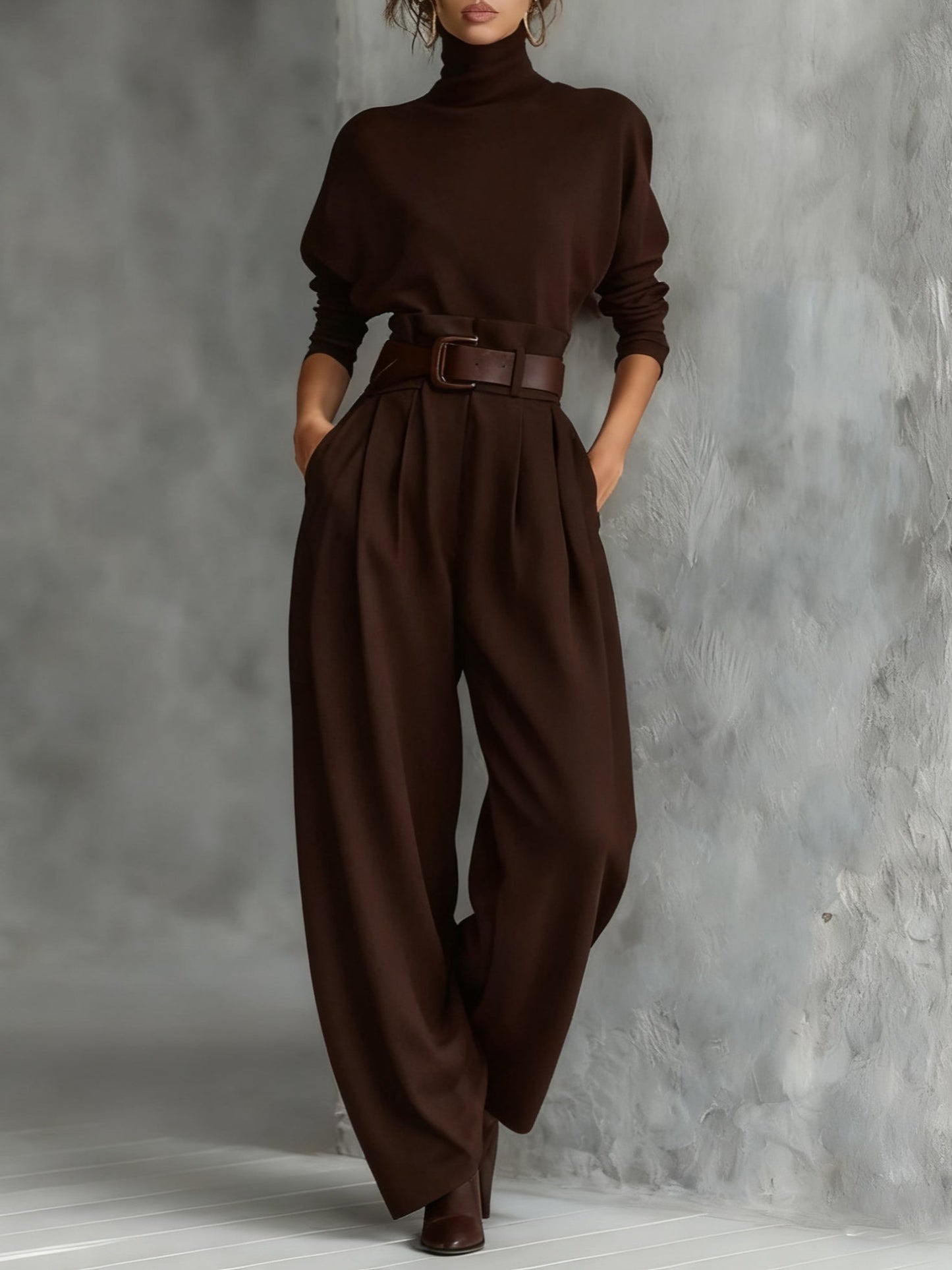 Women's black turtleneck long sleeve top and straight leg pants two-piece set with belt