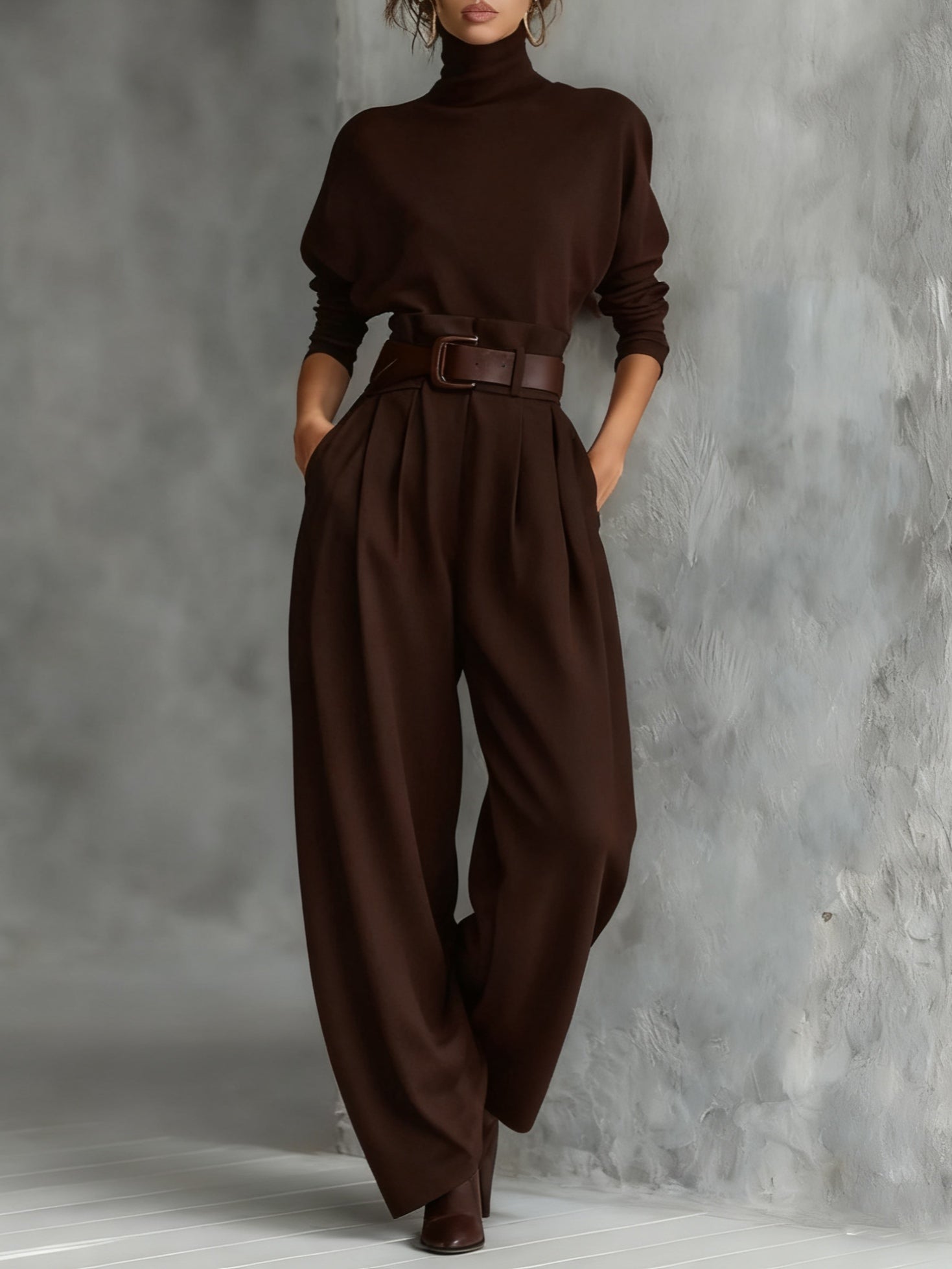 Women's black turtleneck long sleeve top and straight leg pants two-piece set with belt
