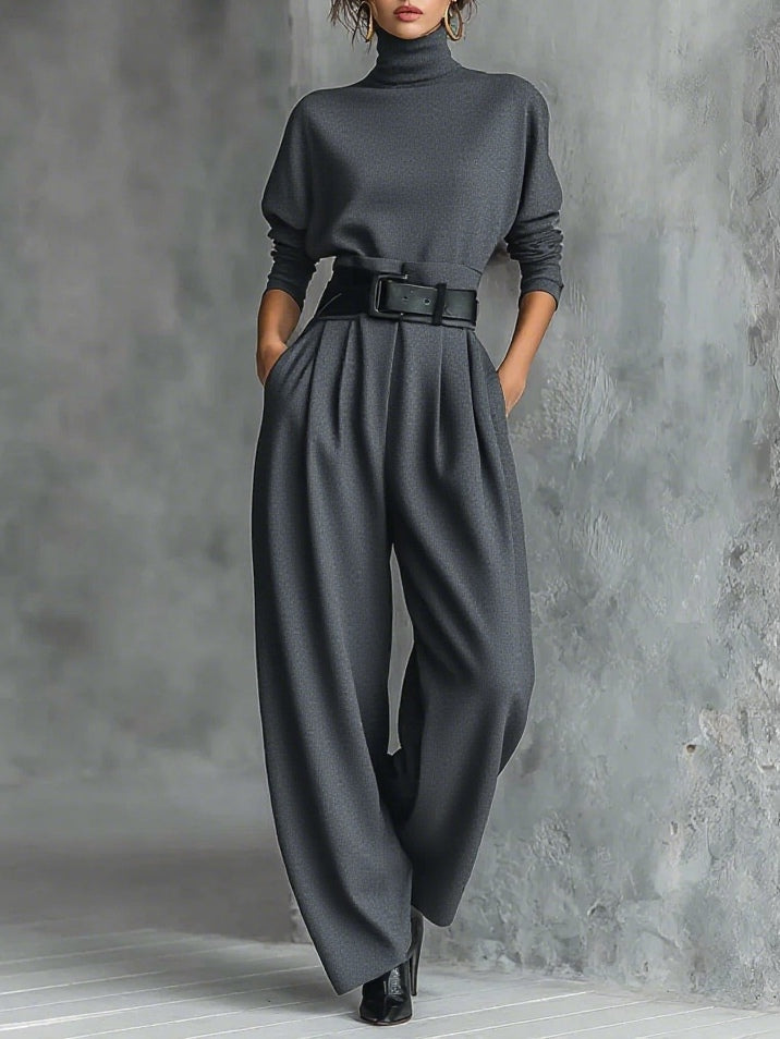 Women's black turtleneck long sleeve top straight leg pants two piece set with belt