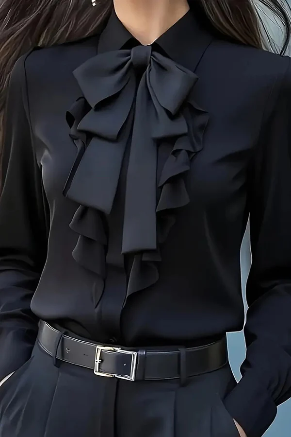Women's white ruffled bow tie long sleeve shirt hip-length lapel neckline chic office workwear